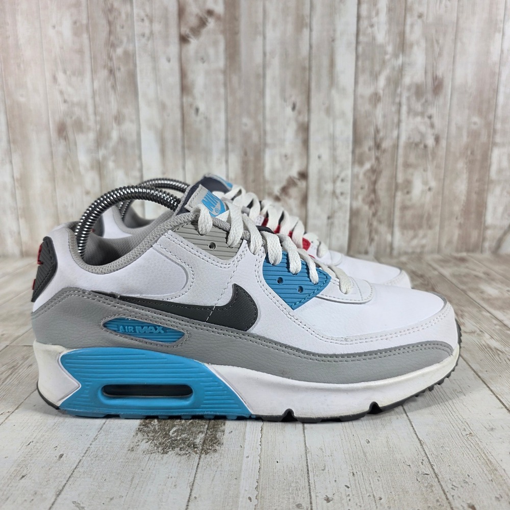 Nike Air Max 90 White Grey Blue Red Sneakers CD6864-108 Womens 8.5 / Kids 7Y